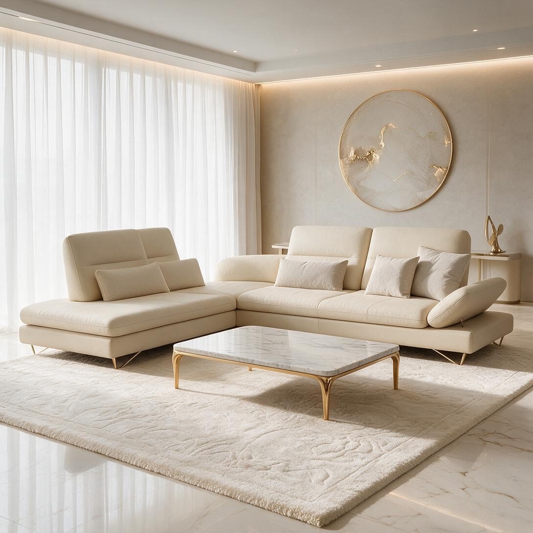 밝은 거실에 배치된 화이트 Art's Ark 스터닝 카우치 소파